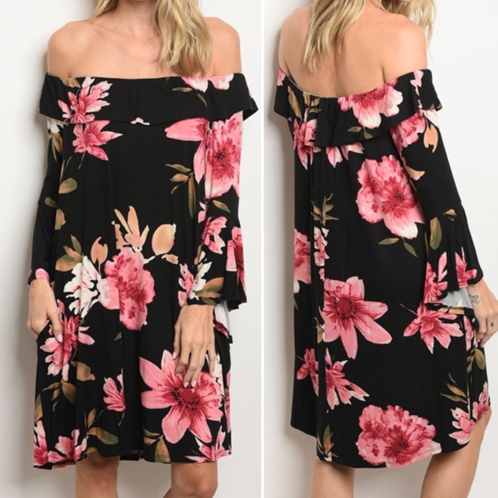 BLACK FLORAL OFF SHOULDER RUFFLED DRESS - Picture 1 of 4